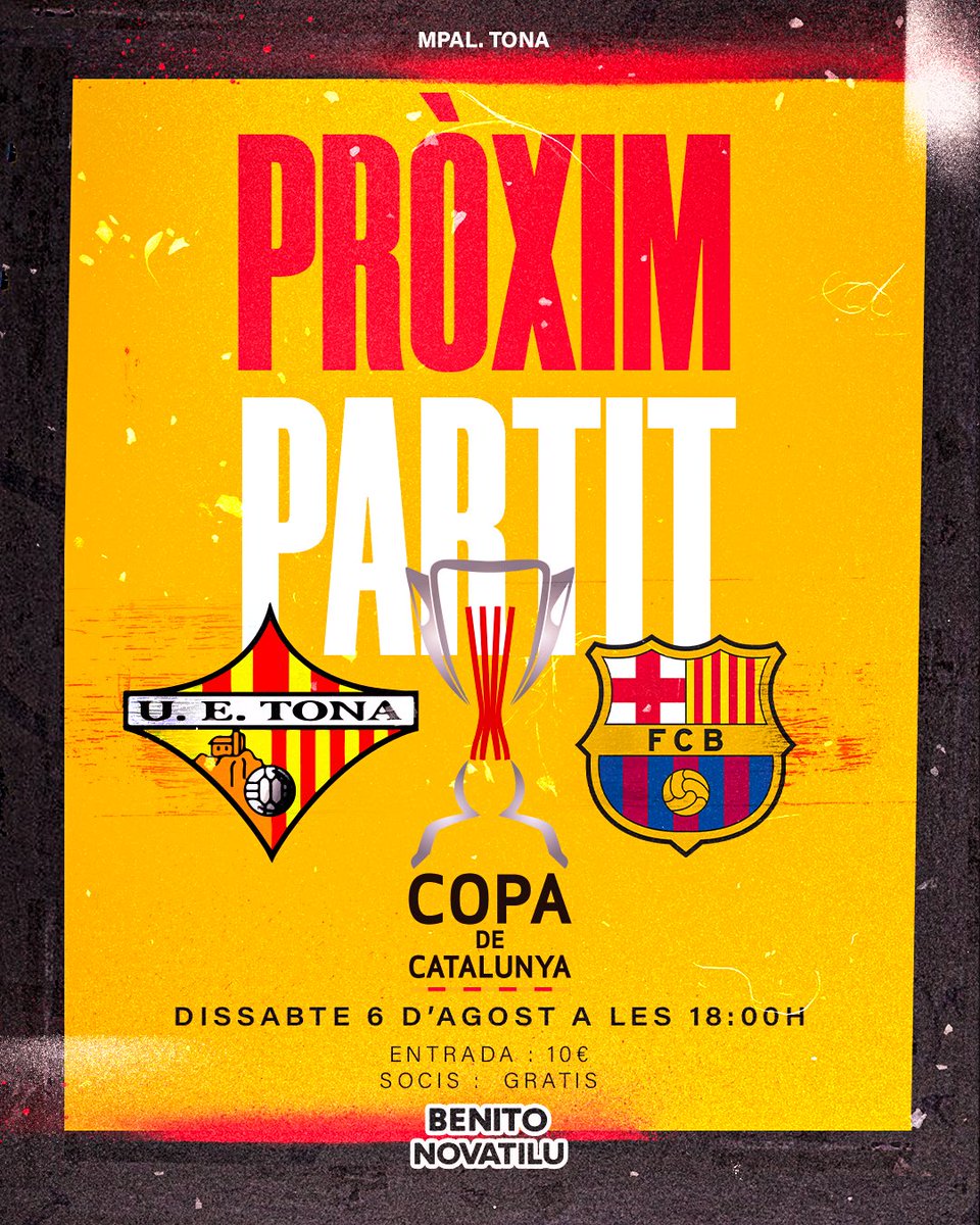 COPA CATALUNYA | Pròxim Partit

El <a href="/FCBarcelonaB/">Barça Atlètic</a> visitarà el municipal per jugar la primera eliminatoria de la #CopaCat 💣

📆 6 d’ Agost a les 18h
🏟Mpal. Tona
🎟10€
🎫 Jugadors de la base entrada gratis amb samarreta, bufanda o similar del Tona 🧣

#SomHiTona #CopaCat
