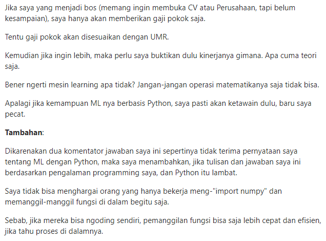 ahmadirfaan_'s tweet photo. Barusan iseng baca-baca tentang ML/AI Engineer di Quora, lewat satu jawaban yang agak bikin kesel

Monmaap, mau ngoding gradient descent, visualisasi data di C/Java? 😅

Ada pendapat kah? @pacmannai https://t.co/GqEw5QNgvT