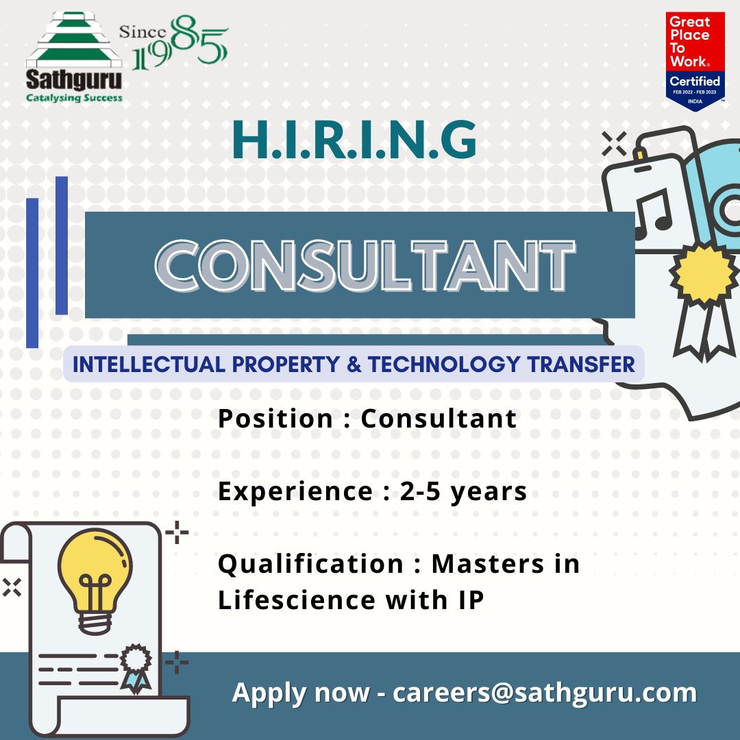 sathgurumc's tweet photo. Sathguru is hiring for the Consultant position in the Intellectual Property and Technology Transfer space.
Click to know more: https://t.co/jOPPwF0lbI
#hiringnow #lifesciences #consultant #intellectualproperty #outlicensing #techtransfer #sathguru #GPTW #careers #hyderabad https://t.co/ADHqHNDFRb