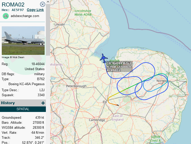 SirListenalot's tweet photo. #KC46 #AE5F97 as #ROMA02 out of Mildenhall (eventually to Prestwick) picked up #TREND51, likely some (four?) #F35's bound for CONUS. #KC10 #AE0222 as #ROMA01 out of Prestwick is expected to take them across the pond https://t.co/VNo2ahvkgl
