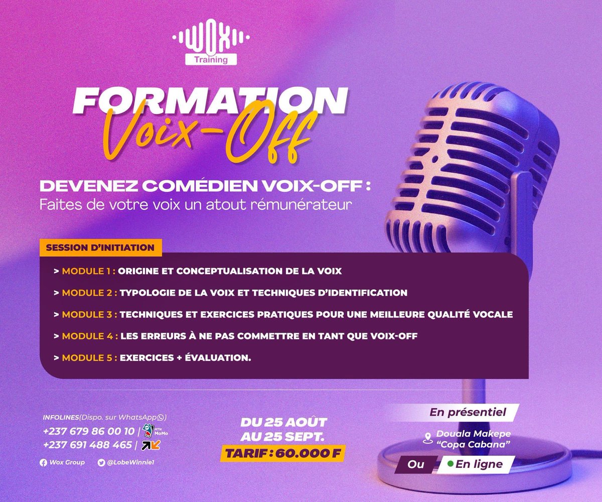 VoilaMoiCreativ's tweet photo. FORMATION EN VOIX OFF avec @LobeWinnie1.
Désormais vous pouvez en avoir.
Nous parlerons bientôt de l’immense marché que représente le business de la voix off au Cameroun et dans le monde👌🏾
Inscriptions :
👉🏾 679860010
👉🏾 691488465
#VoxGroup #VoxTraining #VoilaMoiConsulting https://t.co/1ms3J71Mjs