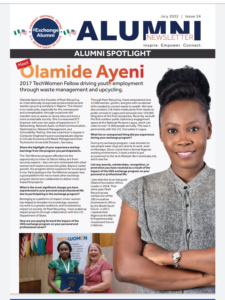 Hopcyku's tweet photo. Our Creative Designer, @mide_ayeni featured on the cover page of the USA Alumni Newsletter @usinnigeria for the month of JULY.
There is more work to be done, more milestones to reach and more impact to make.
It's a call to do more
#ecotecture #pearlrecycling
@TechWomen https://t.co/pl0E7ypKz4
