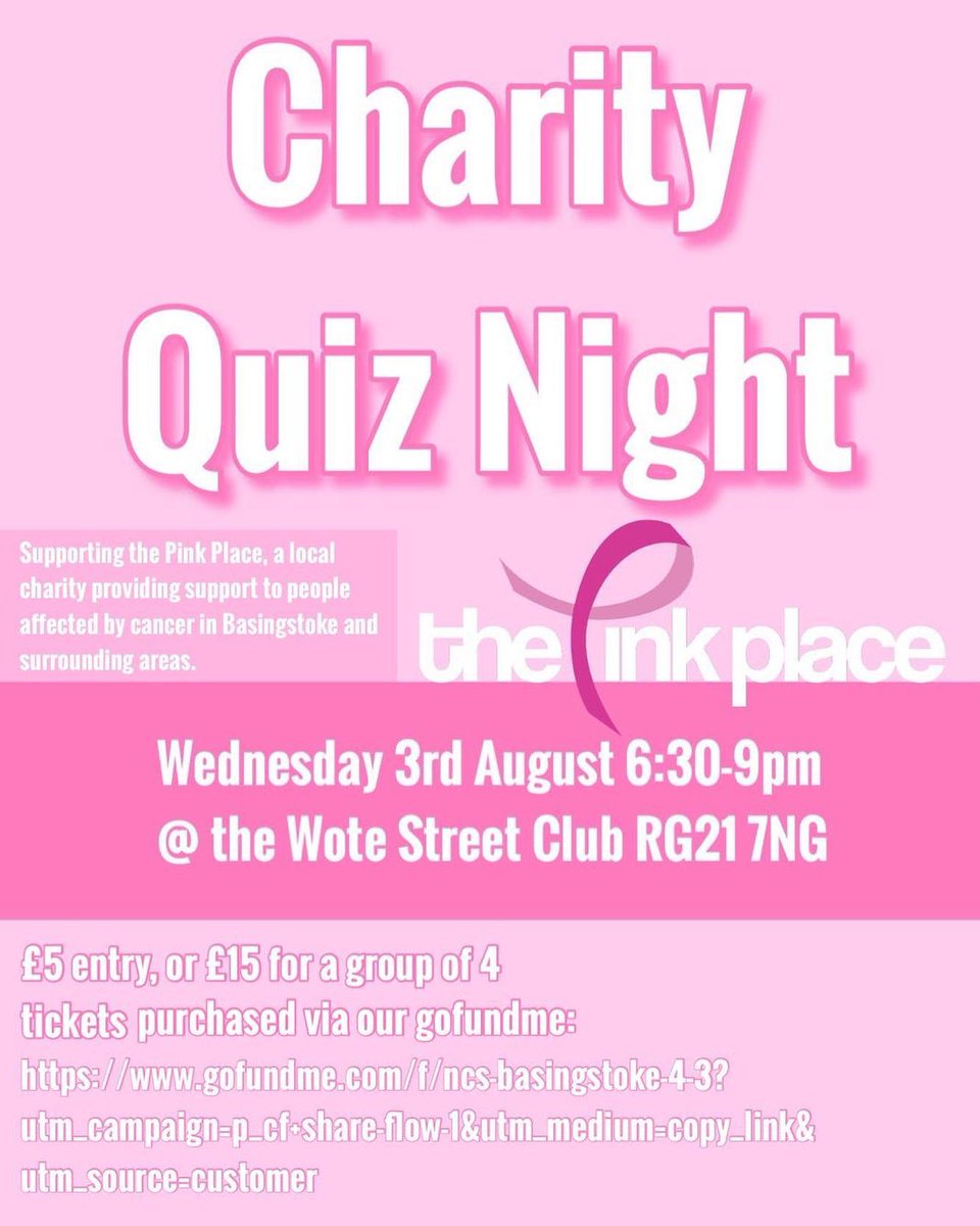 **Quiz Wednesday TOMORROW NIGHT**
Tickets ONLY £5 or team of 4 £15 . Click here for tickets bit.ly/3PTmdh0 
Thanks @basingstoke_ncs3 for arranging a fundraising event on behalf of our charity
Please come &amp; support these young people making a difference in our community