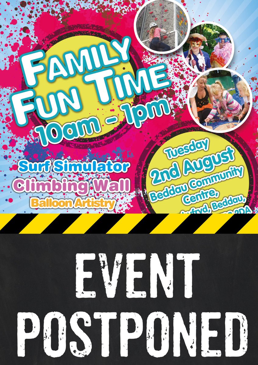RCTCouncil's tweet photo. ⚠️BEDDAU EVENT POSTPONED⚠️

Due to the weather, we are sorry to announce that Beddau Family Fun Time event is postponed today. The event has been rearranged for Tuesday 16 August 10am-1pm. 

We're very sorry for any disappointment and hope you can join us on the rearranged date. https://t.co/00pDMYNVEA