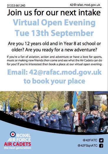 We’re actively recruiting new cadets aged between 12 (and in Year 8 at school) and 17 for our September intake - please email 42@rafac.mod.gov.uk for more information! #aircadets #reachingforthestars <a href="/kesacademy/">KES Academy</a> <a href="/SHSKingsLynn/">Springwood School</a> <a href="/Smithdon_High/">Smithdon High School</a> @StClements <a href="/klAcademy/">Kings Lynn Academy</a>