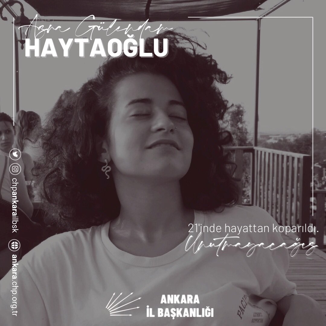 Henüz 21 yaşında vahşice hayattan koparılan #AzraGülendamHaytaoğlu’nu unutmayacağız. 
Kadınların katledilmediği, eşit ve özgür bir dünya için mücadelemiz devam edecek.