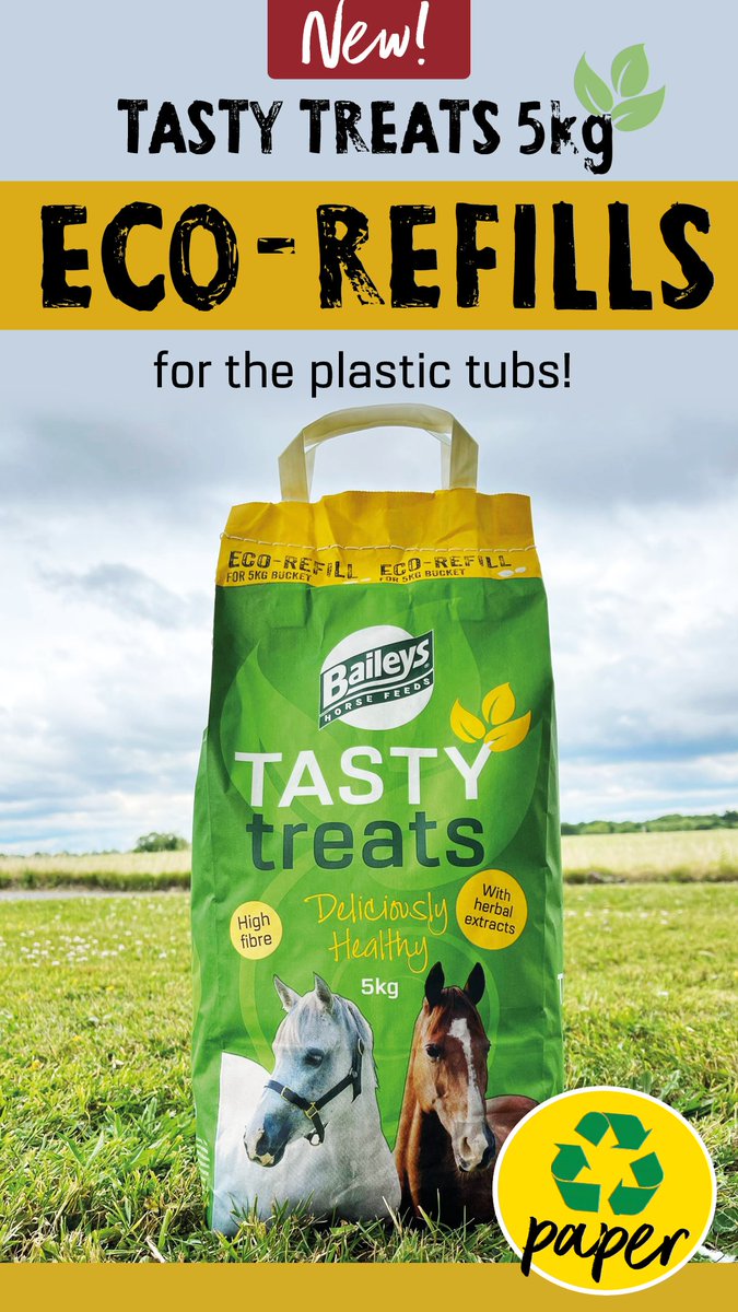ARWhole's tweet photo. Did you know Baileys Horse Feeds Tasty Treats come in a plastic-free eco-refill bag? Baileys have listened to their customers who are increasingly eco-friendly and cost-conscious - stock the paper bags and encourage customers to reuse their buckets. They also cost £1 less! https://t.co/8nZf3sAv1o
