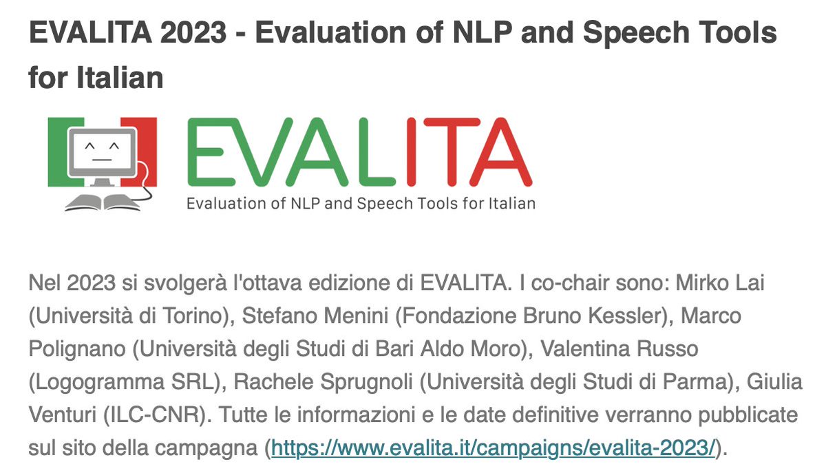 Great news! Our next campaign will be held in 2023! The call for tasks will be ready soon! #EVALITA2023 <a href="/AILC_NLP/">AILC_NLP</a> #NLProc
