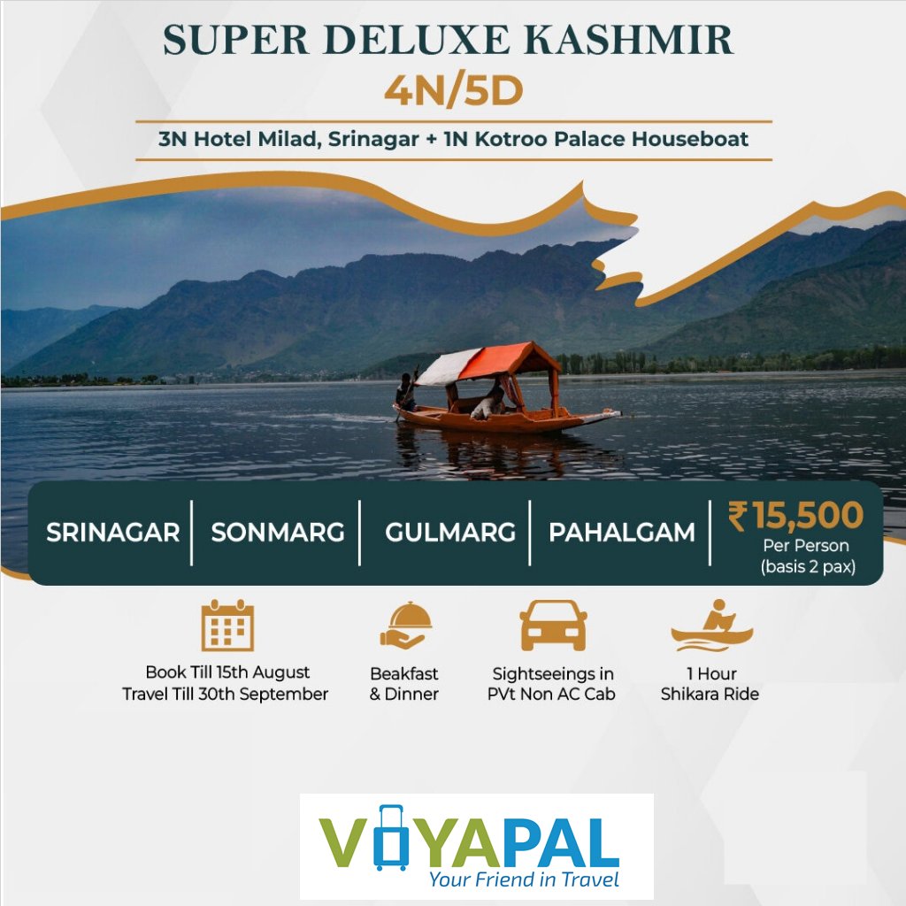 voyapal101's tweet photo. Book Your Kashmir Valley Vacation @ 9967411177 or WA @ 9892290888
#kashmir #kashmirpackage #gulmarg #pahalgam #sonmarg #Tourpackage #honeymoon #honeymoonpackage #honeymoonideas #traveling #instatravel #instatrip #familymoon #UnX #shikara #kashmirvalley #holiday #vacation https://t.co/JFEfH7LUz6