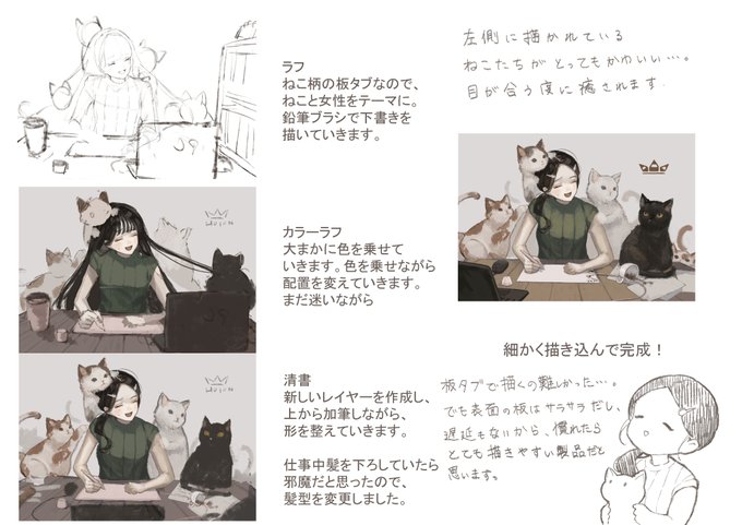 今回のメイキングです!(↑と繋げたかったので再掲)

ラフから清書にかけて、パソコンの位置が右から左へ流れていますが、大体いつもこんな感じで配置に迷いながら作業を進めています🙌 