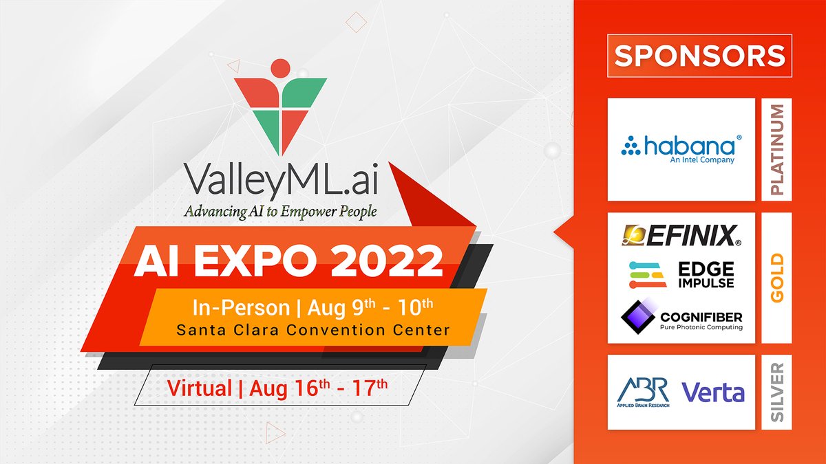 DevITjobs (@devitjobs) on Twitter photo 🧑💻 <a href="/ValleymlAi/">ValleyML</a> will host AI Expo 2022 at Santa Clara Convention Center (In-Person) on Aug 9th-10th and virtually on Aug 16th-17th. 
➡️ Register Now: valleyml.ai
👉 Tech Calendar: devitjobs.us/events
#DevITEvents #AI #ML #MachineLearning 🧑💻 <a href="/ValleymlAi/">ValleyML</a> will host AI Expo 2022 at Santa Clara Convention Center (In-Person) on Aug 9th-10th and virtually on Aug 16th-17th. 
➡️ Register Now: valleyml.ai
👉 Tech Calendar: devitjobs.us/events
#DevITEvents #AI #ML #MachineLearning