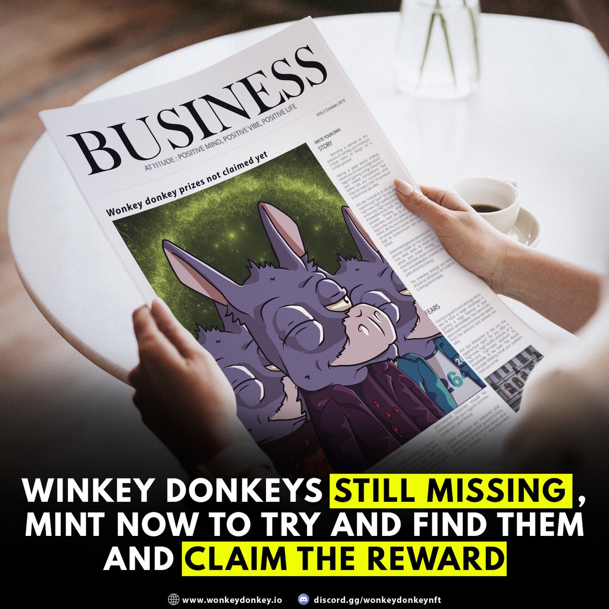 Join Discord to qualify for a 0.02 ETH refund on mints
2883 remain un-minted with these rewards still to be found:
2 Winking Donkeys win 5 ETH
3 multicolored shine win 0.6 ETH
6 Gold Shine win 0.3 ETH
6 Silver Shine win 0.15 ETH
9 Bronze Shine win 0.075 ETH