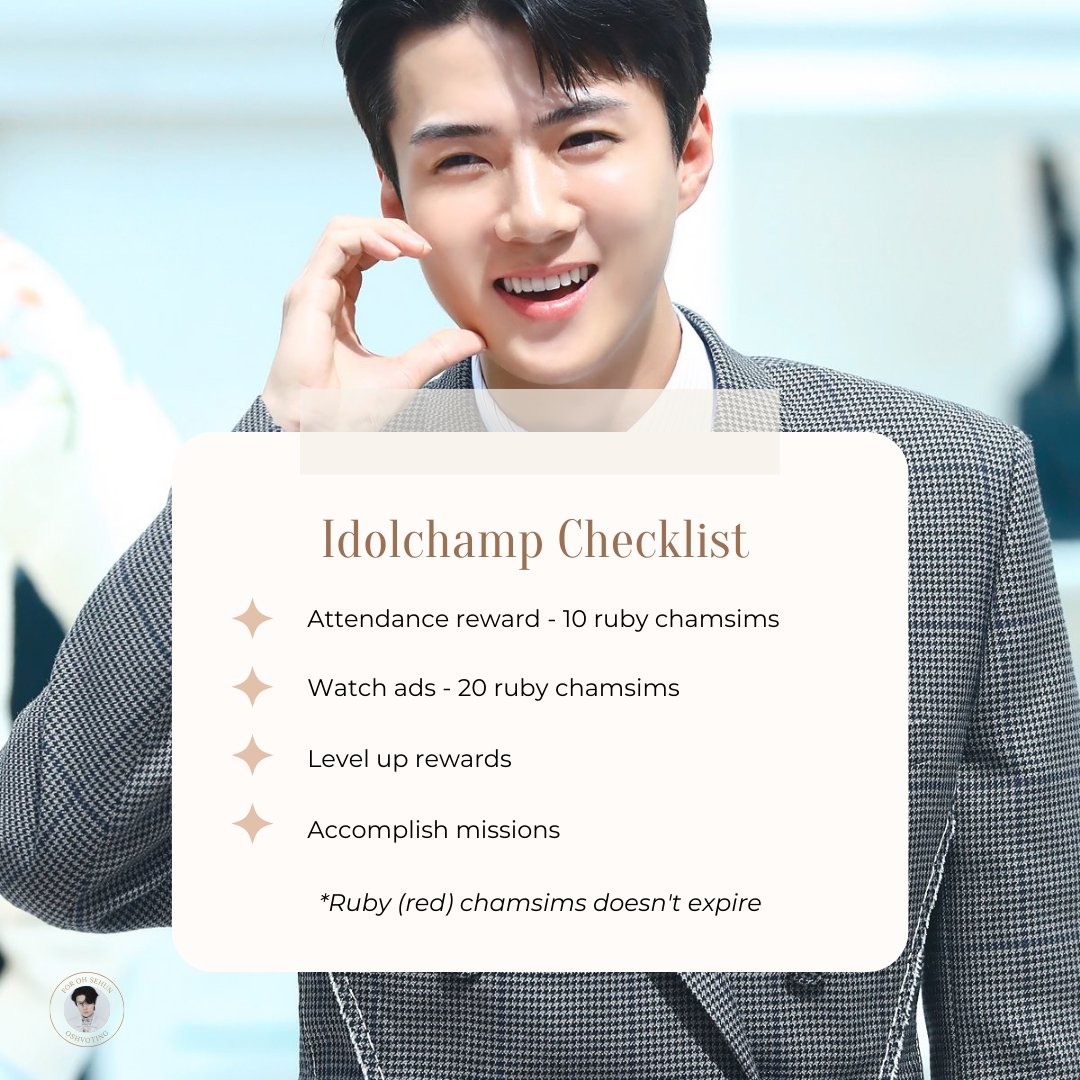 [IDOLCHAMP DAILY REMINDER]

Outstanding K-pop Idol for Seoul International Drama Awards 2022

Our daily goal is to acquire 30 ruby chamsims daily for free! You can also buy the ruby chamsims in-app. ❤️

Let's do our best efforts to earn him this award! 🏆

#SEHUN #세훈 #엑소세훈