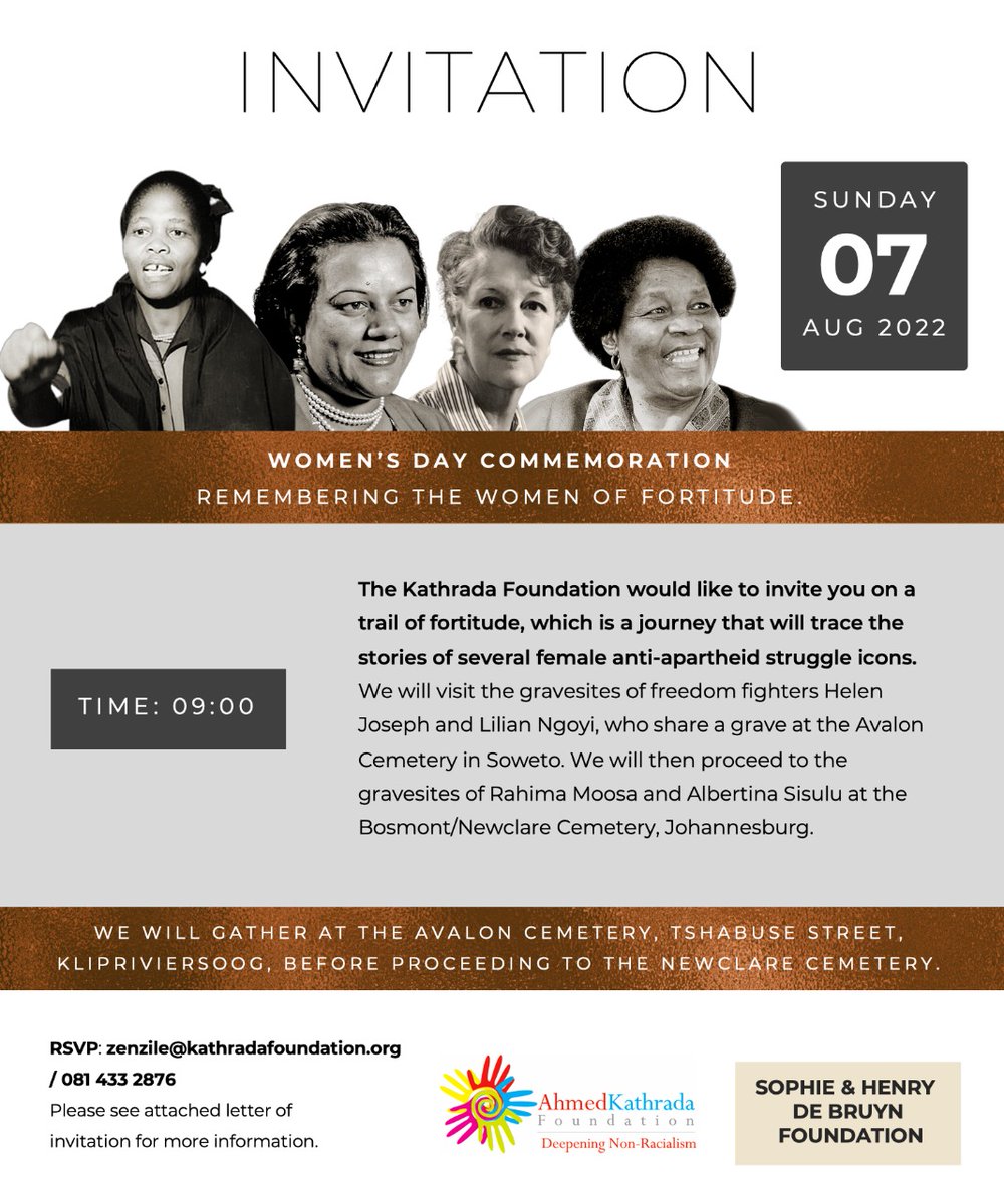 Join the Ahmed Kathrada Foundation and the Sophie and Henry De Bruyn Foundation as we carry out our annual journey to pay homage to the 1956 Women's March organisers. We will gather at 9AM at the gravesite of Helen Joseph and Lilian Ngoyi at Avalon Cemetery #WomensMonth