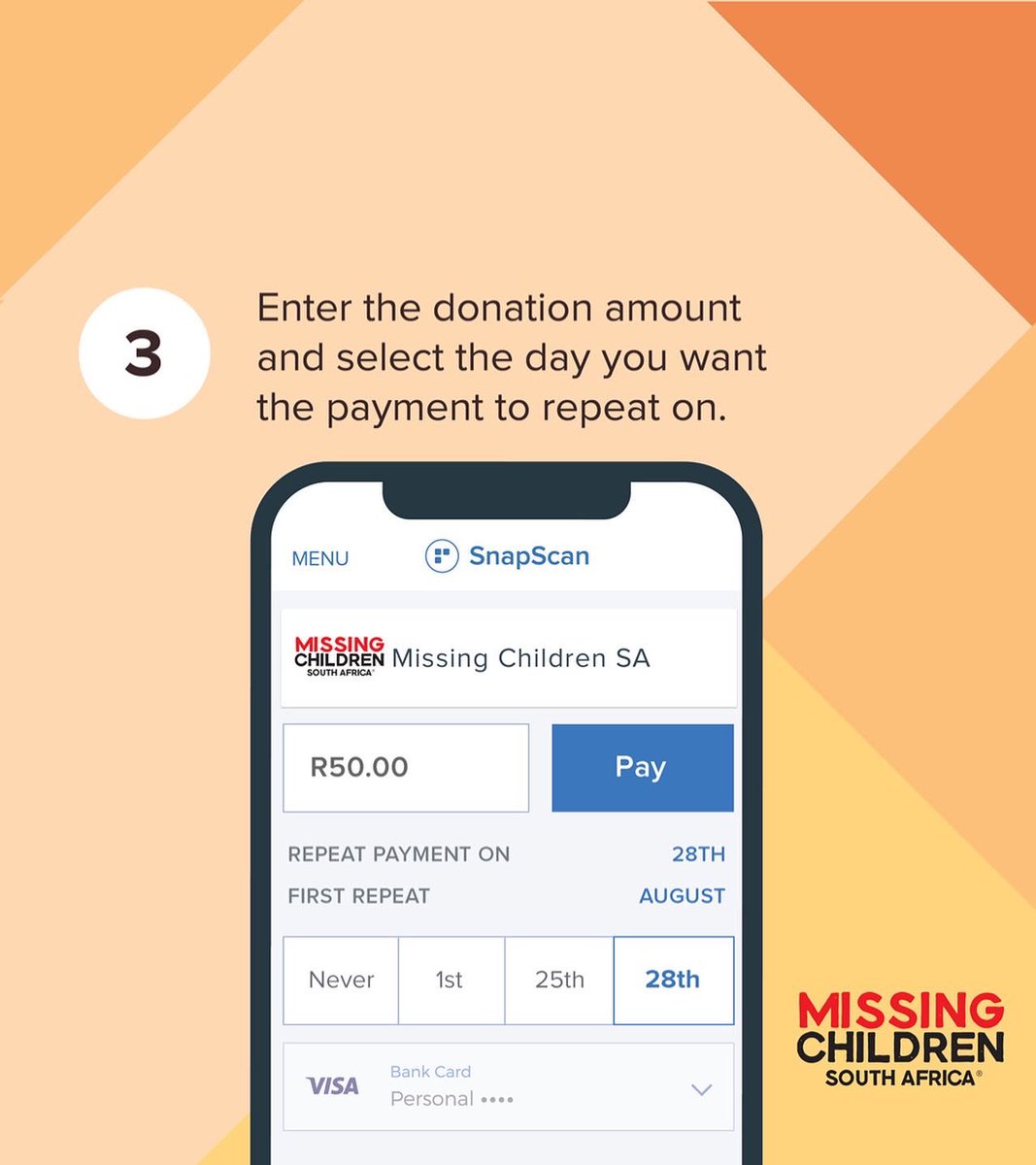 072MISSING's tweet photo. We need your support to assist us in finding our #MissingChildren.
@SnapScanApp has made it easier than ever to provide ongoing support for #MCSA.
You can now donate from within the #SnapScanApp, & even repeat your donation to turn it into a monthly contribution.
Thank You ๐ https://t.co/elXk77D8Q6