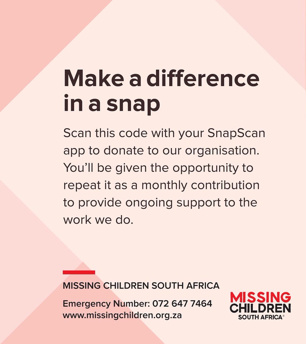 072MISSING's tweet photo. We need your support to assist us in finding our #MissingChildren.
@SnapScanApp has made it easier than ever to provide ongoing support for #MCSA.
You can now donate from within the #SnapScanApp, & even repeat your donation to turn it into a monthly contribution.
Thank You ๐ https://t.co/elXk77D8Q6