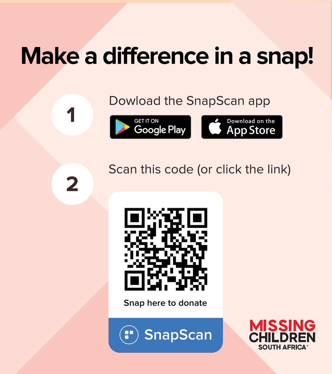 072MISSING's tweet photo. We need your support to assist us in finding our #MissingChildren.
@SnapScanApp has made it easier than ever to provide ongoing support for #MCSA.
You can now donate from within the #SnapScanApp, & even repeat your donation to turn it into a monthly contribution.
Thank You ๐ https://t.co/elXk77D8Q6