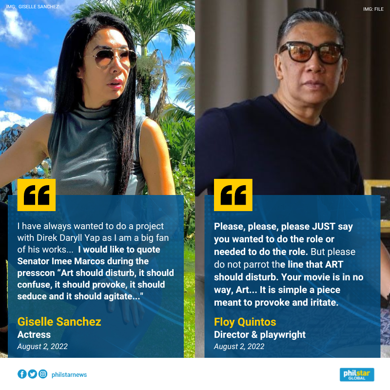 PhilstarNews's tweet photo. 'YOUR MOVIE IS IN NO WAY, ART' SAYS DIRECTOR TO GISELLE SANCHEZ

Director and playwright Floy Quintos blasted actress Giselle Sanchez's explanation of why she accepted to portray former president Cory Aquino in the controversial film “Maid in Malacañang.” https://t.co/eP70hvUTEp