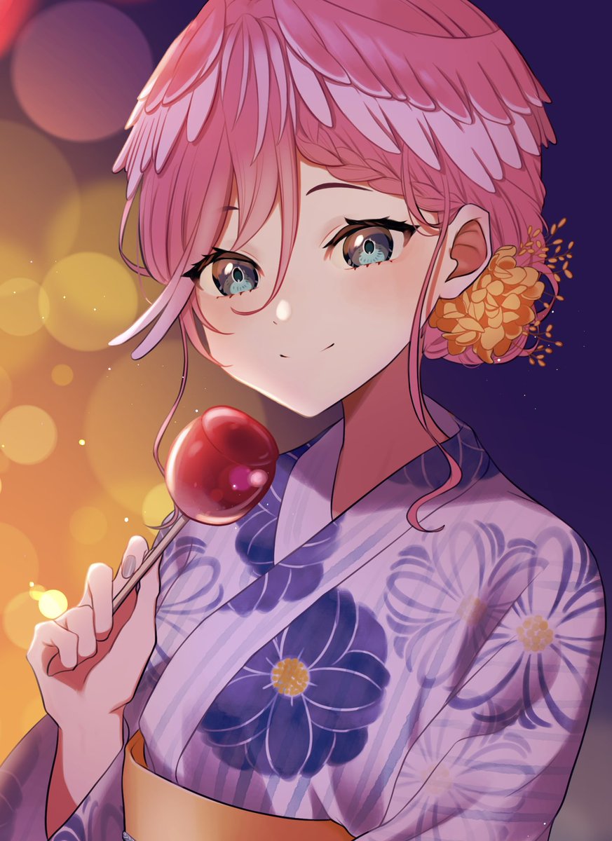 takane lui 1girl japanese clothes kimono food pink hair smile solo  illustration images