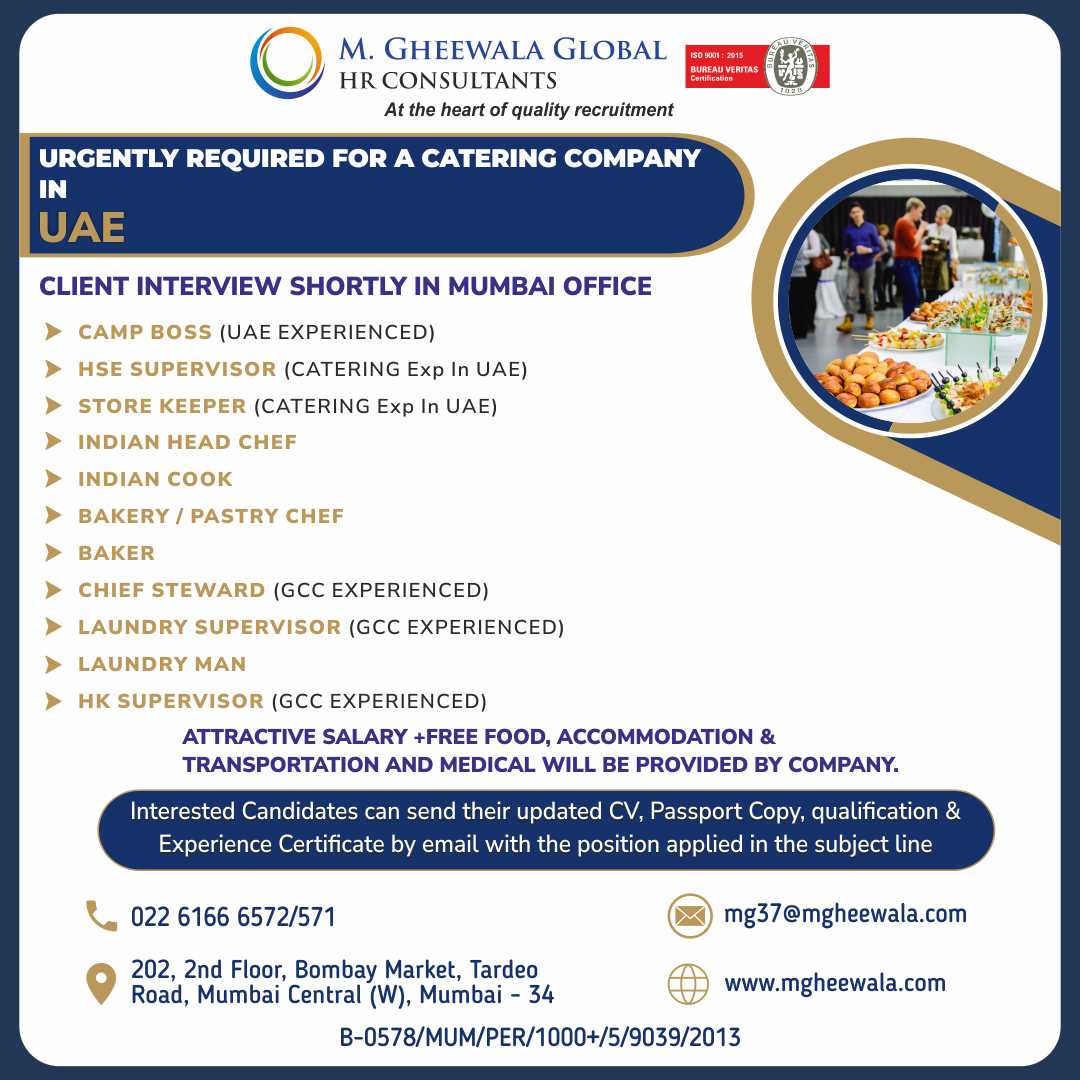mgheewala_hrc's tweet photo. Job Vacancies for #UAE
Interested Candidates can send the updated resume to mg37@mgheewala.com
Learn More https://t.co/Ps4bxv2mB1
#campboss #hsesupervisor #storekeeper #indianchef #indiancook #bakery #chiefsteward #laundrysupervisor #laundryman #hksupervisor #uaejobs https://t.co/qsllPlIEP7