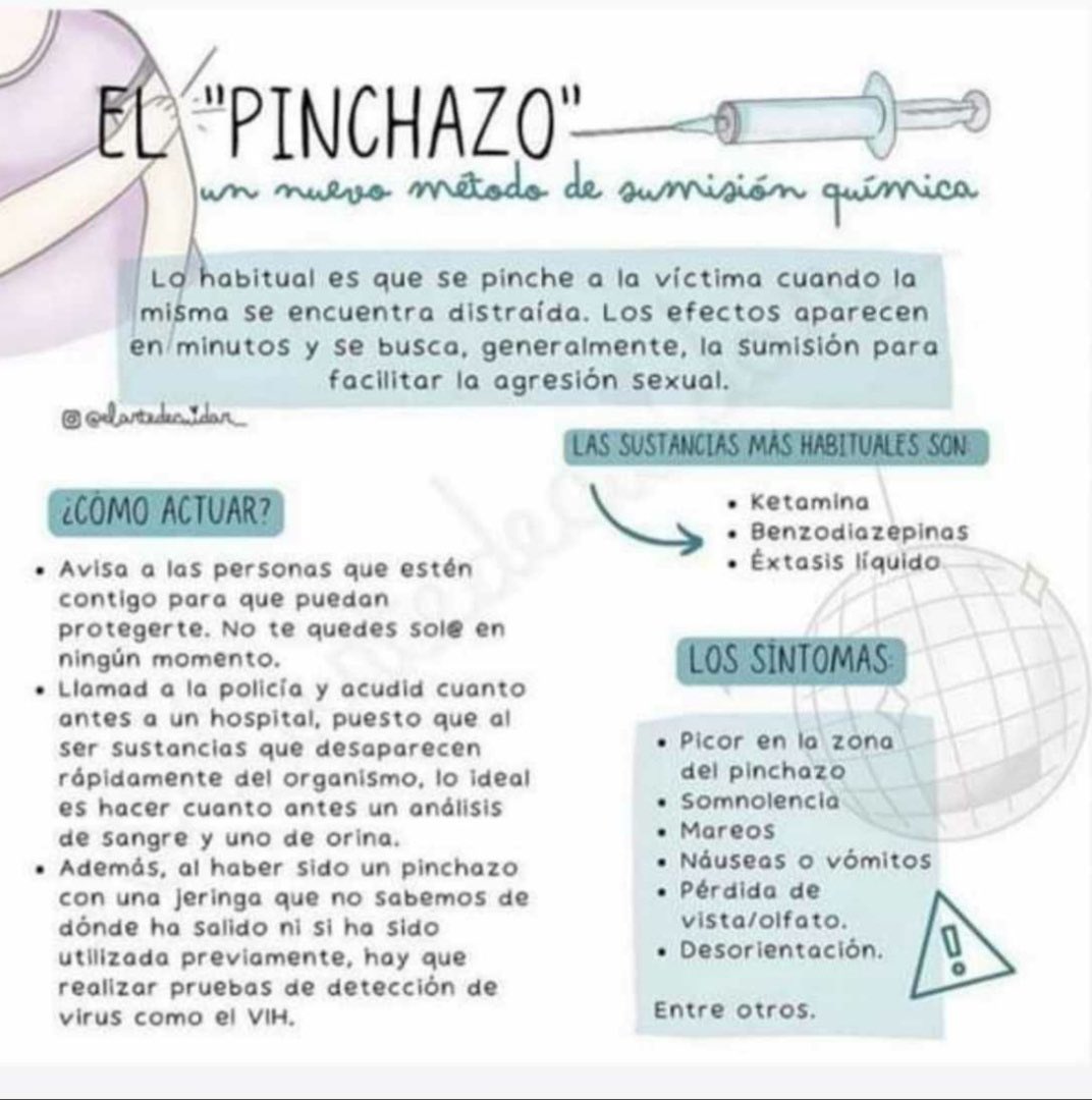 💉 Ante las recientes noticias de pinchazos en discotecas con el fin de producir una sumisión química para facilitar una agresión sexual, os dejamos los siguientes consejos para identificarlos y saber actuar.
✳️ No te quedes sol@.
✳️ Avisa al equipo de seguridad del local.