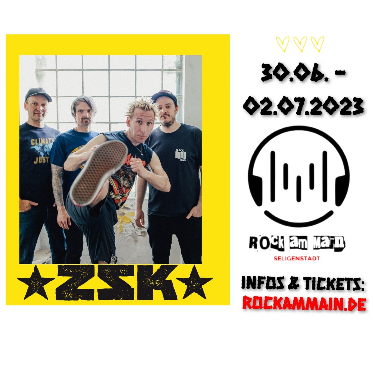 RockamMain's tweet photo. Mit @zskberlin beehren uns eine der erfolgreichsten Punkbands Deutschlands auf dem Rock am Main 2023!🔥
🎟️ Dauerkarte: Die ersten 100 Tickets für nur 40€ (zzgl. 1€ Service-Gebühren)
🔗 https://t.co/oIOcSHlk9G
#zsk #fcknzs #ram #RockamMain #seligenstadt #festival #hessen https://t.co/EHMWPOSDBN