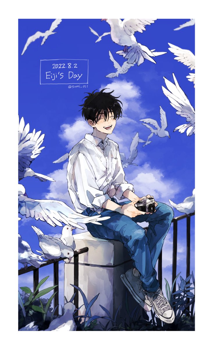 1boy male focus bird shirt white shirt sitting sky  illustration images