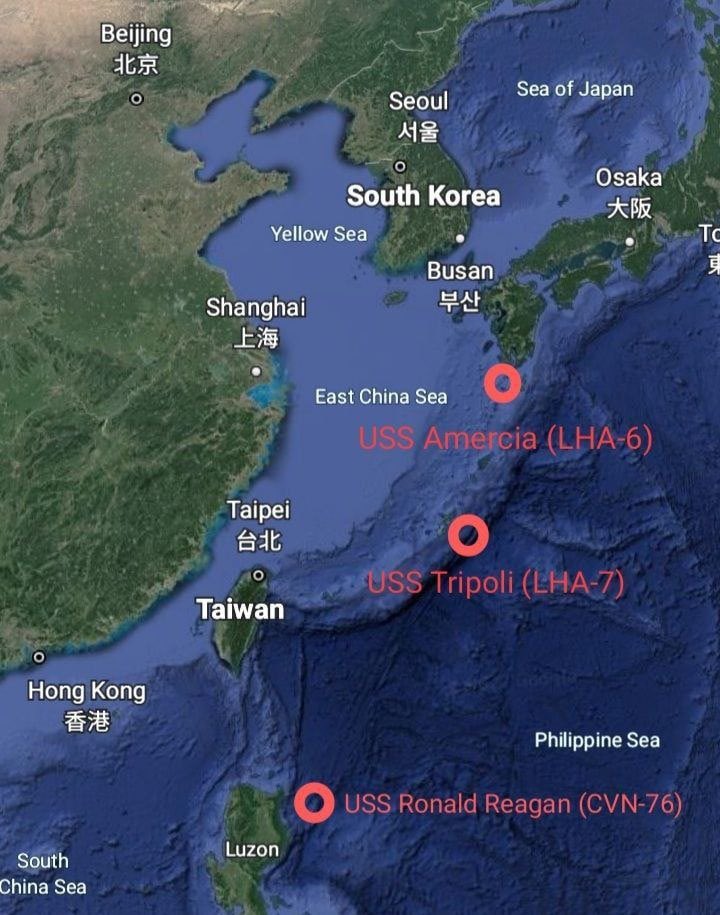 ABD donanmasına ait  #USSRonaldReagan uçak gemisi grubu Filipinler yakınında, Amerika ve Tripoli amfibi saldırı grupları ise Tayvan ve Japonya arasında konuşlanmış durumda.