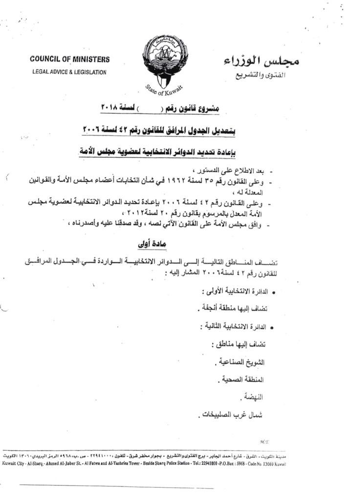 Alsadoun's tweet photo. المرسوم رقم ١٨٧ لسنة ٢٠١٨ بإحالة مشروع قانون بتعديل الجدول المرافق للقانون رقم ٤٢ لسنة ٢٠٠٦ بإعادة تحديد الدوائر الانتخابية لعضوية مجلس الأمة. https://t.co/tBYu6cFhEY