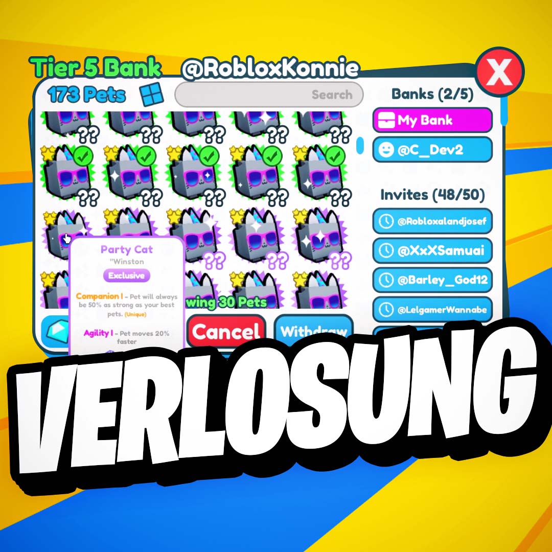 Neue Verlosung:

Es wird 4 Gewinner geben, jeder kriegt je 2 Party Cats in PSX.

Teilnahmebedingung:
• Diesen Tweet retweeten
• Mir auf Twitter folgen
• Roblox Namen unter diesem Tweet kommentieren

Auflösung:
Montag, der 08.08.2022 auf meinem Twitter Acc

Viel Glück!