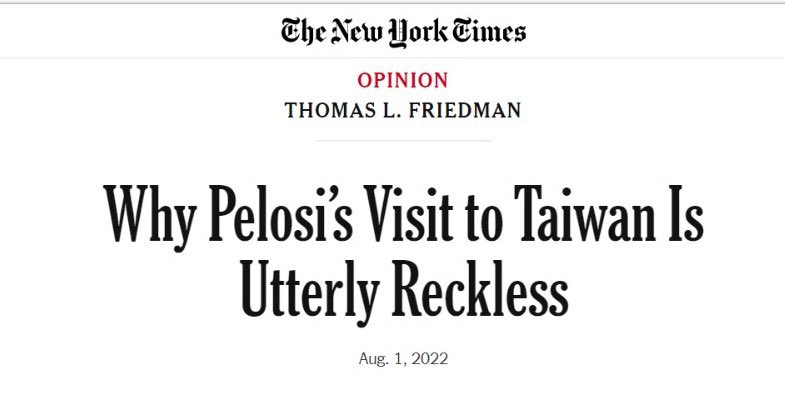 JoephyChan's tweet photo. Article from NYT: Why Pelosi’s Visit to Taiwan is Utterly Reckless
Even the westerners object to Pelosi’s trip to Taiwan, Pelosi should listen to their people as a show of support for democracy 

https://t.co/sR29PGdxqG https://t.co/IELYYA1jXm