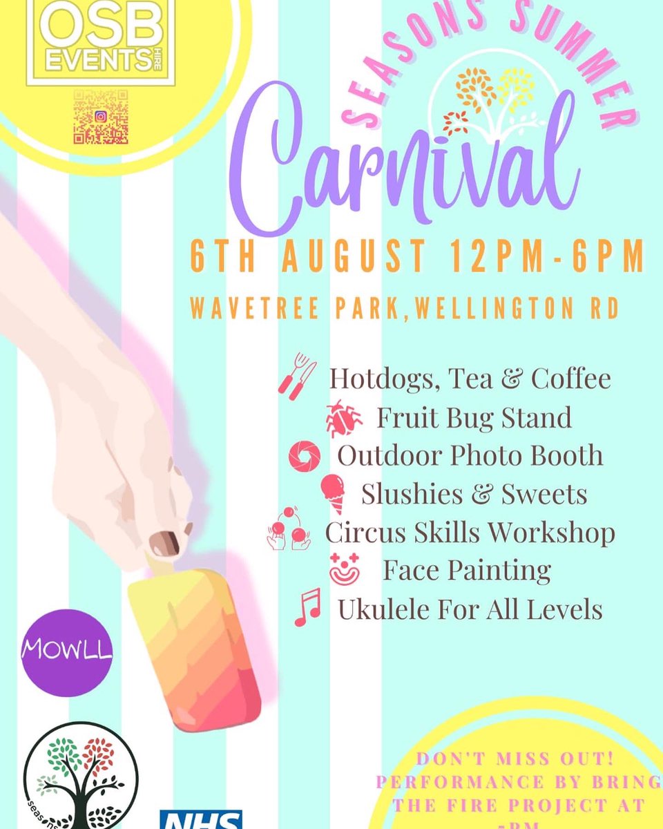 Seasons Summer Carnival ☀️

Saturday 6th August 12noon - 6pm
Food & drink
Family-friendly, free activities 
#facepainting #photobooth #circusskills #ukulele #livemusic #fruitbugmaking #raffle #giveaways
#fireperformance 🔥
All welcome!