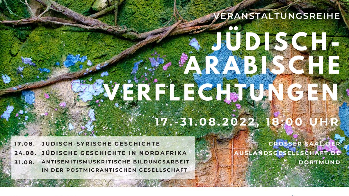 Terminhinweis: Die Veranstaltungsreihe "Jüdisch-arabische Verflechtungungen" vom 17.-31. August 2022 in #Dortmund setzt sich mit jüdisch-arabischer Geschichte und #Antisemitismus in der postmigrantischen Gesellschaft auseinander. Mehr Infos: multikulti-forum.de/de/news/juedis…