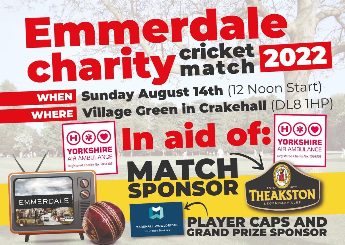 We’re delighted to be a sponsor of the Crakehall vs Emmerdale Charity Cricket Match in support of the Yorkshire Air Ambulance, see you all down there for a great day!