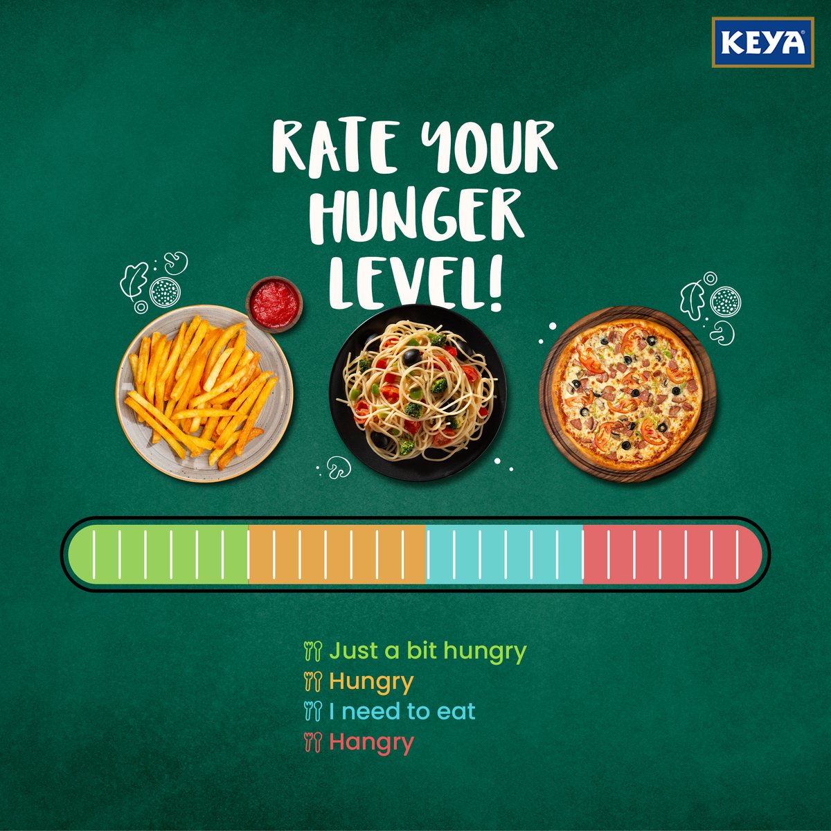 KeyaFoods's tweet photo. On a scale of 'just a bit hungry' to 'I'll eat up anything', how would you describe your hunger? Tell us in the comments 👇

#KeyaFoods #rateyourhunger #keyaitalian #keya #keyaseasonings #keyaherbs #italian #italianfood #pizza #fries #pasta #keyapasta #food #hungergames https://t.co/lTKNmnXJQ4