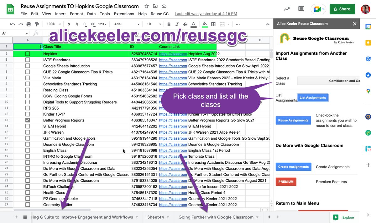 Google Classroom users make a copy of alicekeeler.com/reusegc to get lists of all your old assignments from multiple previous classes. Easy to reuse more than one at a time.