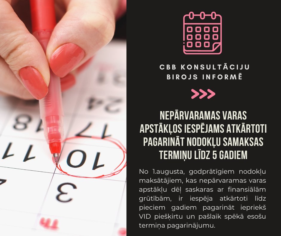 Nepārvaramas varas apstākļos iespējams atkārtoti pagarināt nodokļu samaksas termiņu līdz 5 gadiem.

No 1.augusta, godprātīgiem nodokļu maksātājiem, ir iespēja atkārtoti līdz pieciem gadiem pagarināt spēkā esošu nodokļu samaksas termiņa pagarinājumu.