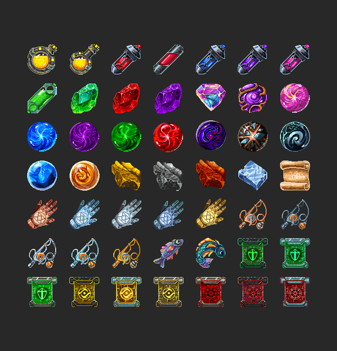 IrissNebula's tweet photo. Cyberpunk styled game icons #gamedev #gameicons #scifi #cyberpunk #potionbottle #resources  #gameart #gameartist #ukraine #craft #crafting #gameasset #graphics #cgart #uiicons #uiartist #gui #guiartist #irissnebula #pixelart #pixelartist #pixelgame #fantasy #transmutationglove https://t.co/0NWDlrKRzT