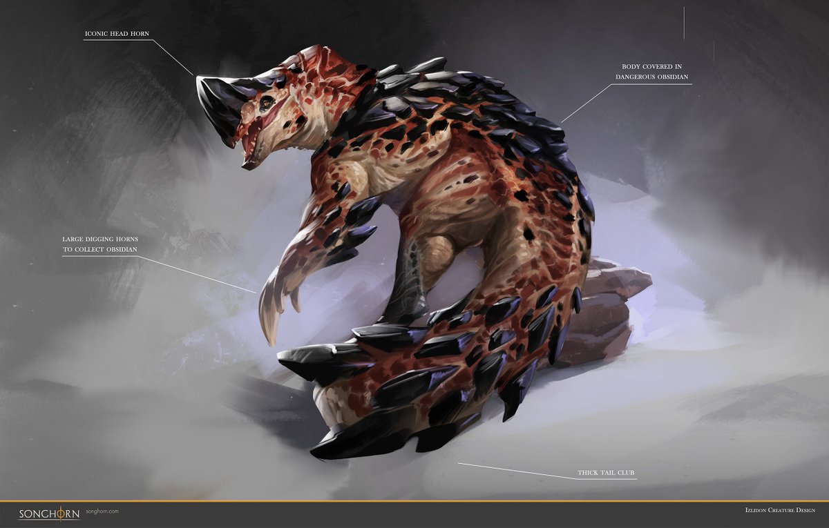 Say hello to the Itzlidon.

A large dinosaurian creature, covered in dark obsidian that it uses both as a defensive function, and as a means of delivering more powerful blows through it's large club-like tail.

See more details on: artstation.com/artwork/Rn09RX