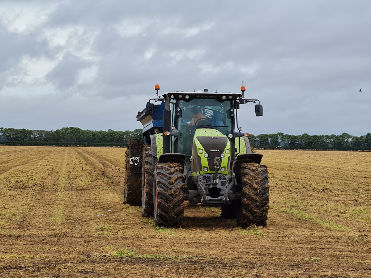 no1sunkfarmer's tweet photo. A smidgeon of chicken shite and topdown behind on the pea land is making for a good day.  The damp weather has given us a good opportunity to get this 39ha field completed before we get the #lexions munching the wheat. @CaterpillarInc @VaderstadUK @CLAAS_UK #bunnings #jobsagoodun https://t.co/JJ4uDsOXIn
