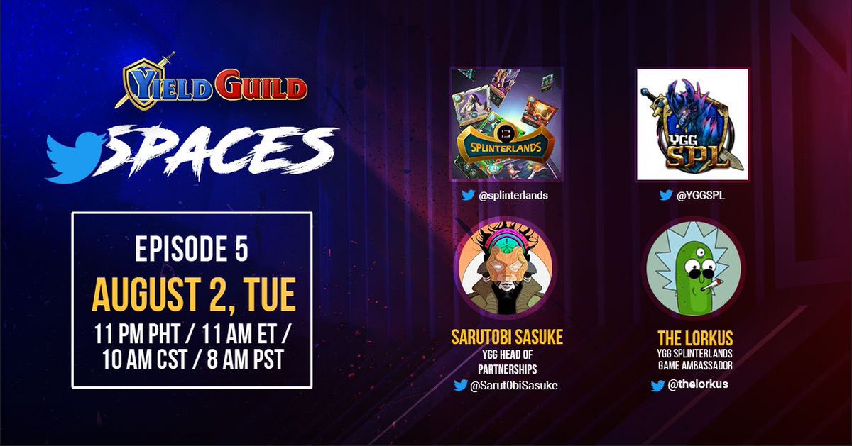 We’ve got <a href="/splinterlands/">Splinterlands</a> and <a href="/YGGSPL/">YIELDGUILDGAMES SPLINTERLANDS</a>     on the mic for our 5th YGG &amp; Friends Twitter spaces happening later!🚀

Hosted by <a href="/Sarut0biSasuke/">Sarutobi Sasuke🥷</a> and <a href="/thelorkus/">The Lorkus</a> 🎤

Set your reminders!🛎
#WeAreYGG