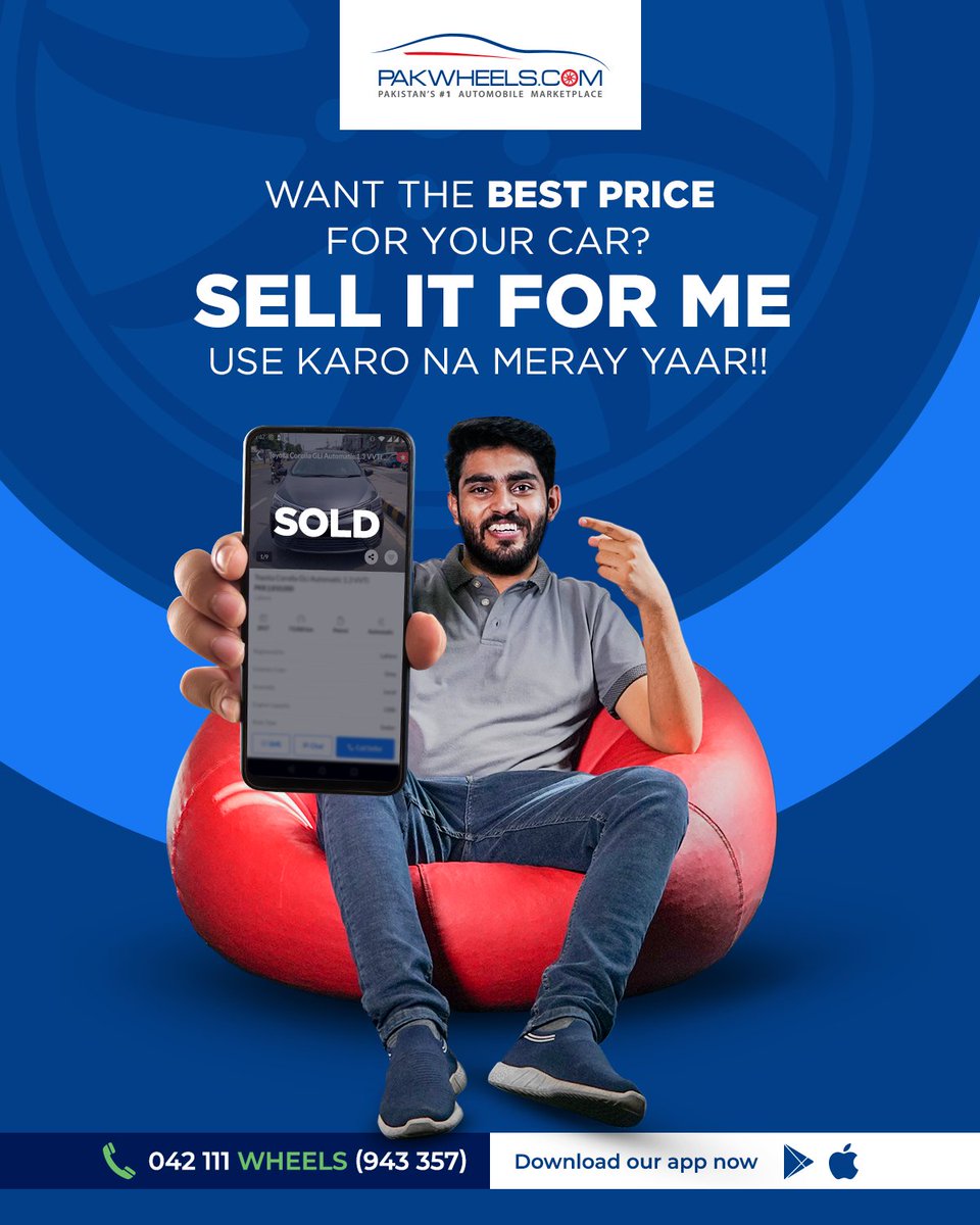 PakWheels's tweet photo. Apki Gaari, Humaari Zimedaari! 😎
Click here to sell your car via PakWheels Sell It For Me Service: https://t.co/NuQgvDwXCG 
Zero Hassle | Get the Best Price | Secure Transaction
#pwsifm #PakWheels https://t.co/3VYq9dgLiw