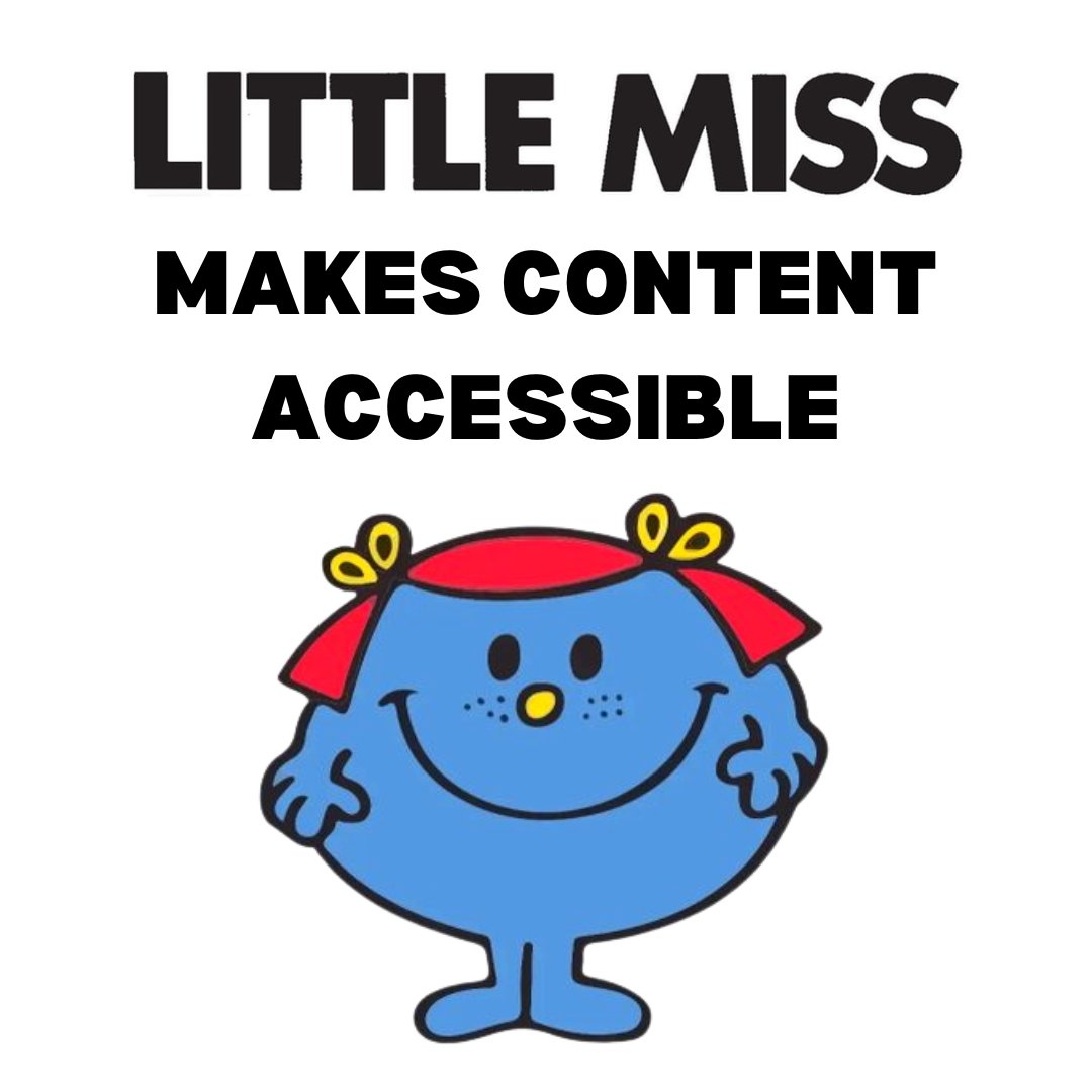 Vision_Fdn's tweet image. Which #LittleMiss are you? 📚

The &apos;Little Miss&apos; trend has taken over social media recently, with users sharing quirky traits on covers of the nostalgic &apos;Little Miss&apos; books. Unfortunately, without #ImageDescriptions, blind and partially sighted people are left out of the joke...