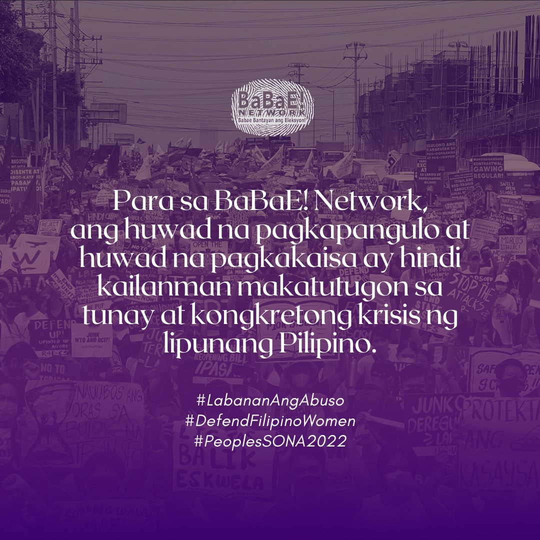 BaBaE_PH's tweet photo. Ang pagbabalewala sa mga krimen ng pamilya Marcos gaya ng ekstrahudisyal na pamamaslang, paglabag sa karapatang pantao, pagyurak sa pambansang soberanya ay mga pangyayaring nakamarka sa gunita ng kababaihang patuloy na nagbabantay sa pang-aabuso at pananamantala. (6/6) https://t.co/FbvIpe6UGh