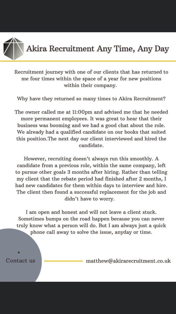Matthewakirarec's tweet photo. Why use Akira Recruitment? See the Recruitment journey below that we had with one of our clients 😄

#recruitment #recruitmentagency #Recruiter #recruitmentmarket #client #hiring #CustomerService #uk #ireland #europe #jobs #jobsearch https://t.co/V0iomrD3KW