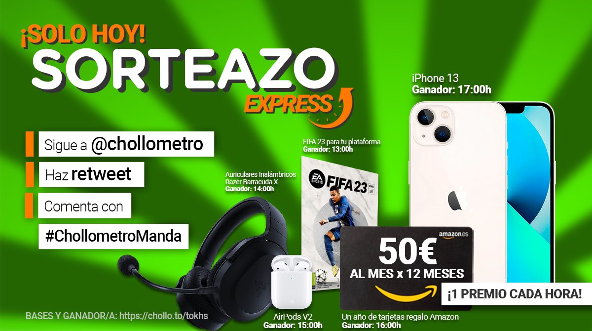 AHÍ VAMOS!! 1 PREMIO CADA HORA!

Para participar:
👉 Sigue a Chollometro
🔁 Haz retweet
✍️ Comenta con #ChollometroManda qué premio te gustaría. Cuantas más veces comentes más posibilidades!

Puedes participar desde nuestro Twitter, facebook o instagram!