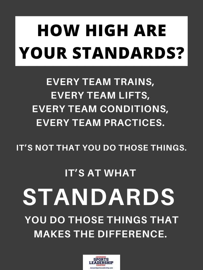 Jeff Janssen (@janssenleader) on Twitter photo HOW HIGH ARE YOUR STANDARDS?
Every team trains.
Every team lifts.
Every team conditions.
Every team practices.
It's not that you do those things.
It's at what STANDARDS
you do those things that
MAKES THE DIFFERENCE.
#CultureWins HOW HIGH ARE YOUR STANDARDS?
Every team trains.
Every team lifts.
Every team conditions.
Every team practices.
It's not that you do those things.
It's at what STANDARDS
you do those things that
MAKES THE DIFFERENCE.
#CultureWins