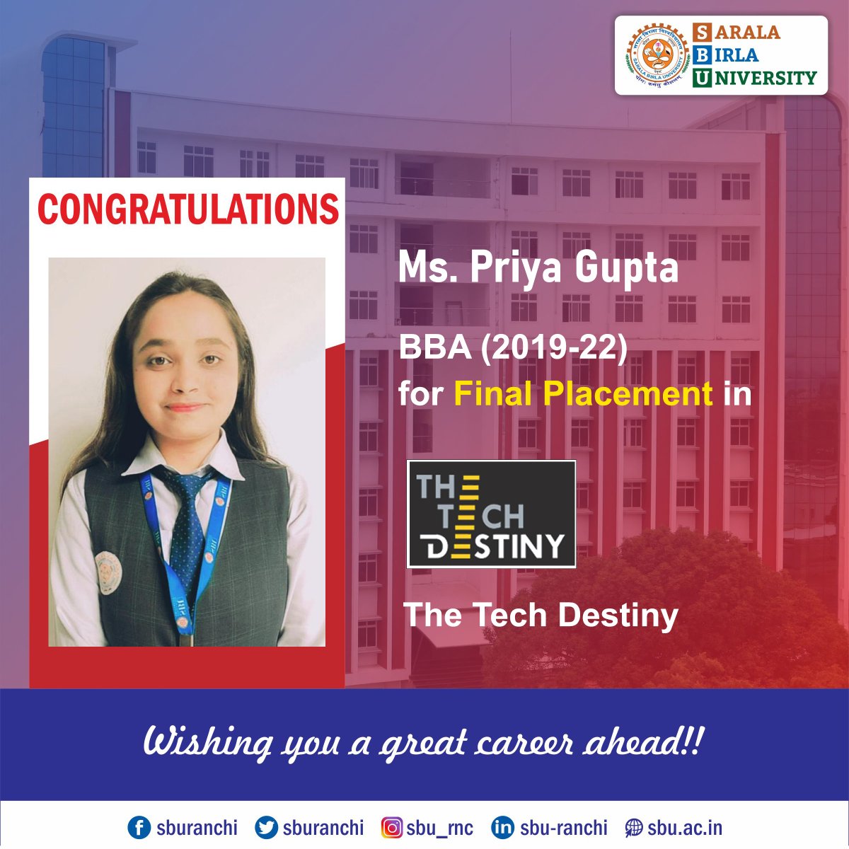 sburanchi's tweet photo. Congratulations to Ms. Priya Gupta of BBA 2019-22 Batch for her Final Placement in The Tech Destiny.
#sbu #sburanchi #campusplacement #finalplacement #BBAplacement #BBA #thetechdestiny https://t.co/5ADz6LZEdk