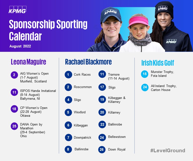 KPMG_Ireland's tweet image. Here’s your August Sporting calendar🗓️👇
Plenty of action happening on the ground for KPMG Ambassadors @leona_maguire &amp;amp; @rachaelblackmor, whilst our future stars take to the course for the KPMG @IrishKidsGolf All Ireland Trophy.⛳️
#LevelGround #WomenInSport #GrowingTheGame