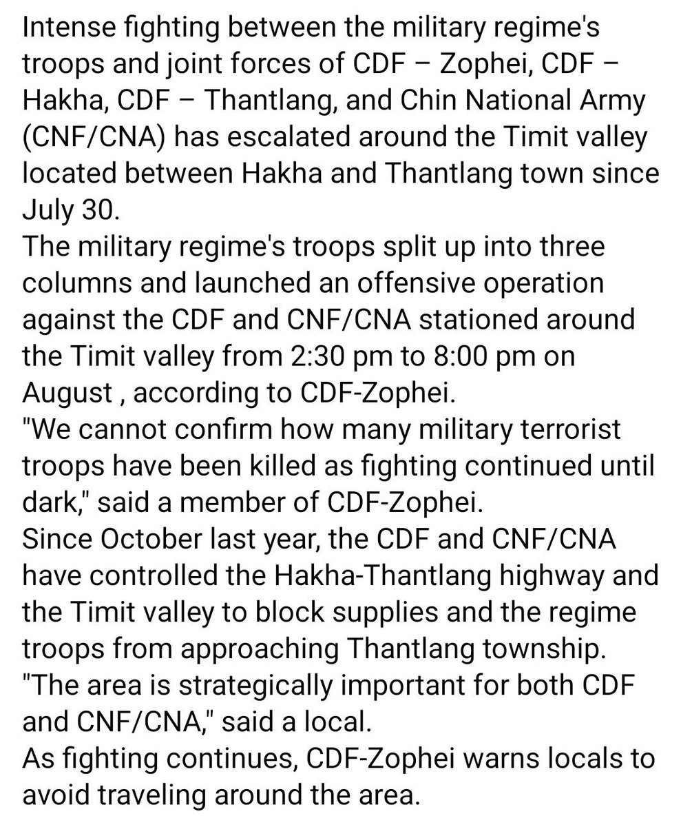 Intense fighting continues between regime's troop and joint forces of CDF and CNF/CNA on Hakha-Thantlang road.   #OurGovernmentNUG #2022Aug2Coup #WhatsHappeningInMyanmar